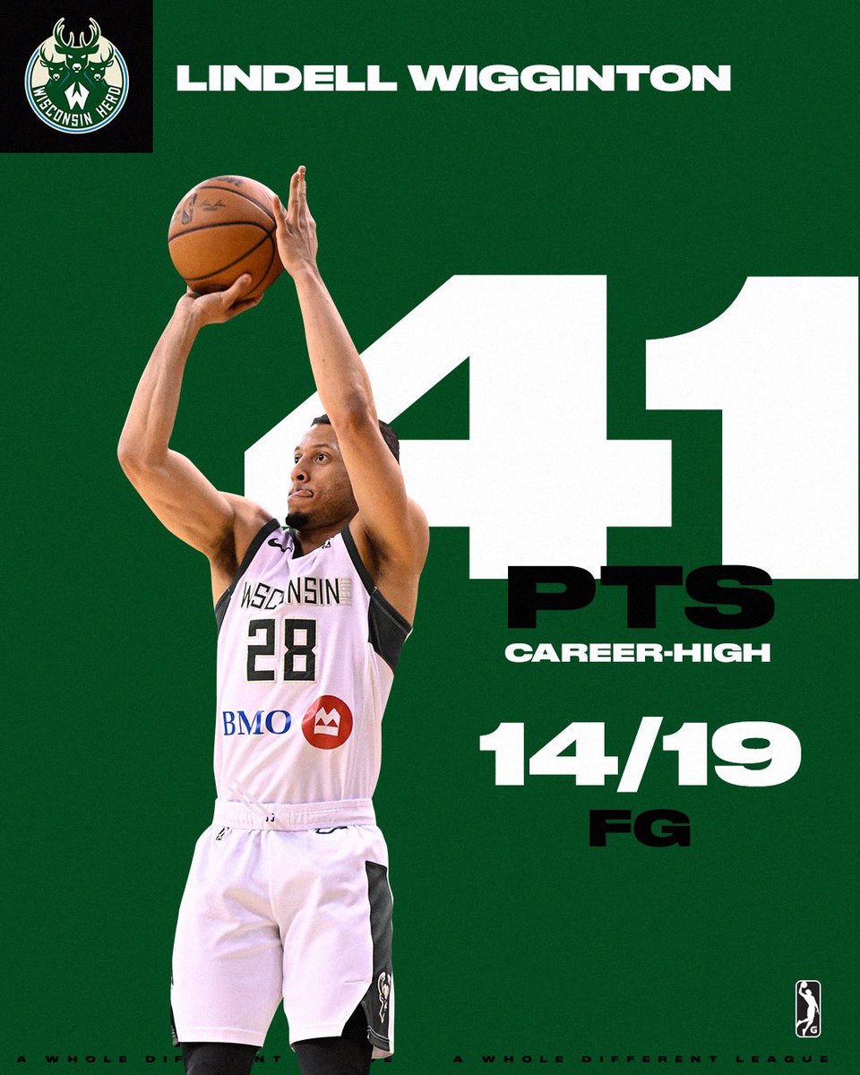 nbagleague's tweet photo. 41 PTS 🦌 14/19 FG 🦌 5/7 3PT 

Lindell Wigginton dropped a CAREER-HIGH in scoring to lead the @WisconsinHerd over the Stars! This was his third 30+ point game of the regular season. @Lwigginton5 https://t.co/PRb5ldFfXS
