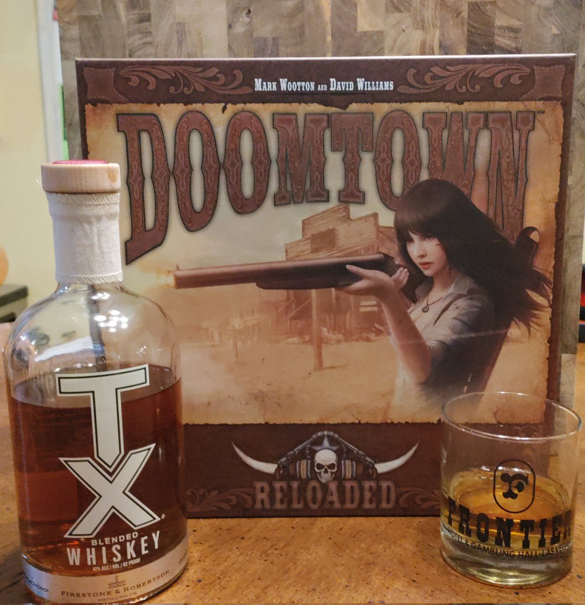 meeplesandwine's tweet photo. Getting this week's show together with #doomtown and some #whisky from @TXWhiskey, so we're ready to call out those varmints crossing our deeds! Posts tomorrow at https://t.co/PdmrUCcro1! https://t.co/zp25OH7qGO