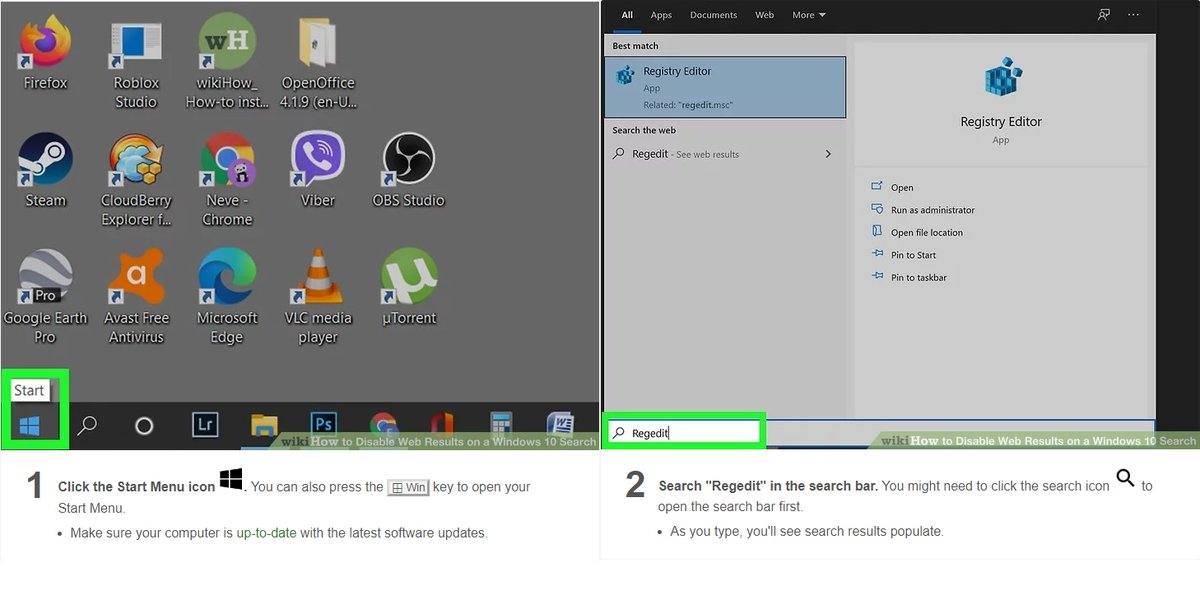 CAStenman's tweet image. How to Disable Web Results on a Windows 10 Search  bit.ly/3lLOGZU     @wikiHow #Windows10 #HowTo #WebResults