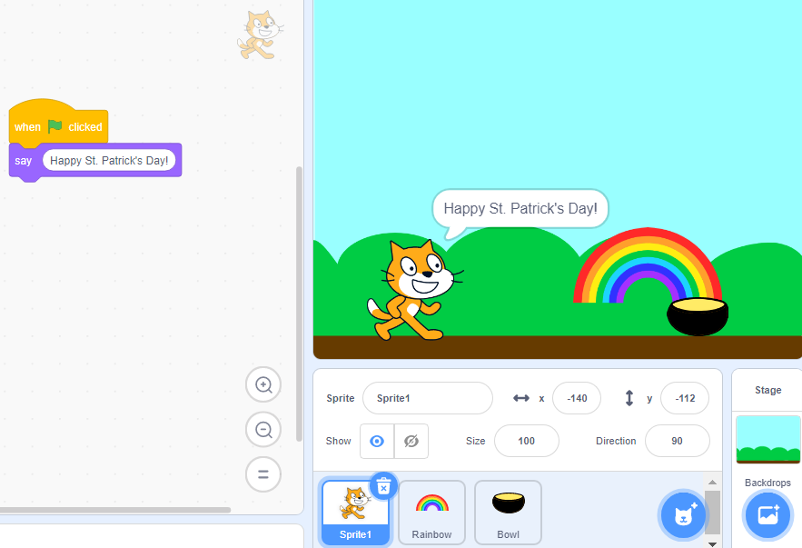 PCameronOCSB's tweet image. More technology for STEAM Week! We also used Scratch today to help us get ready for March and St. Patrick's Day. ☘️ #ocsbSTEAM #ocsbCodes