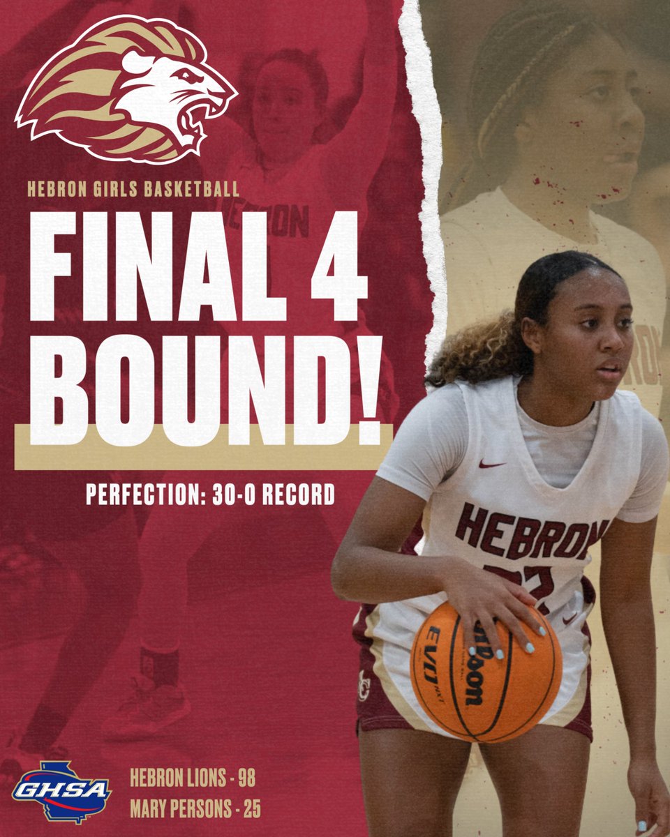 𝐅𝐈𝐍𝐀𝐋 𝐅𝐎𝐔𝐑‼️

<a href="/HebronGBB/">HebronGBB</a> dominates Mary Persons and advances to the <a href="/OfficialGHSA/">GHSA</a> semifinals with a perfect 30-0 record!!

#HebronLions🦁