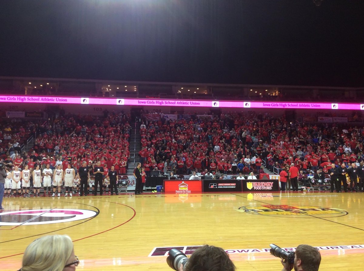 Hoping to duplicate this shot of the Pocahontas Area "RED SEA" tomorrow at Wells Fargo Arena!  See you at 11:45 tomorrow at the Girls State Tournament PAC🏀. GO BIG RED! #ighsau
