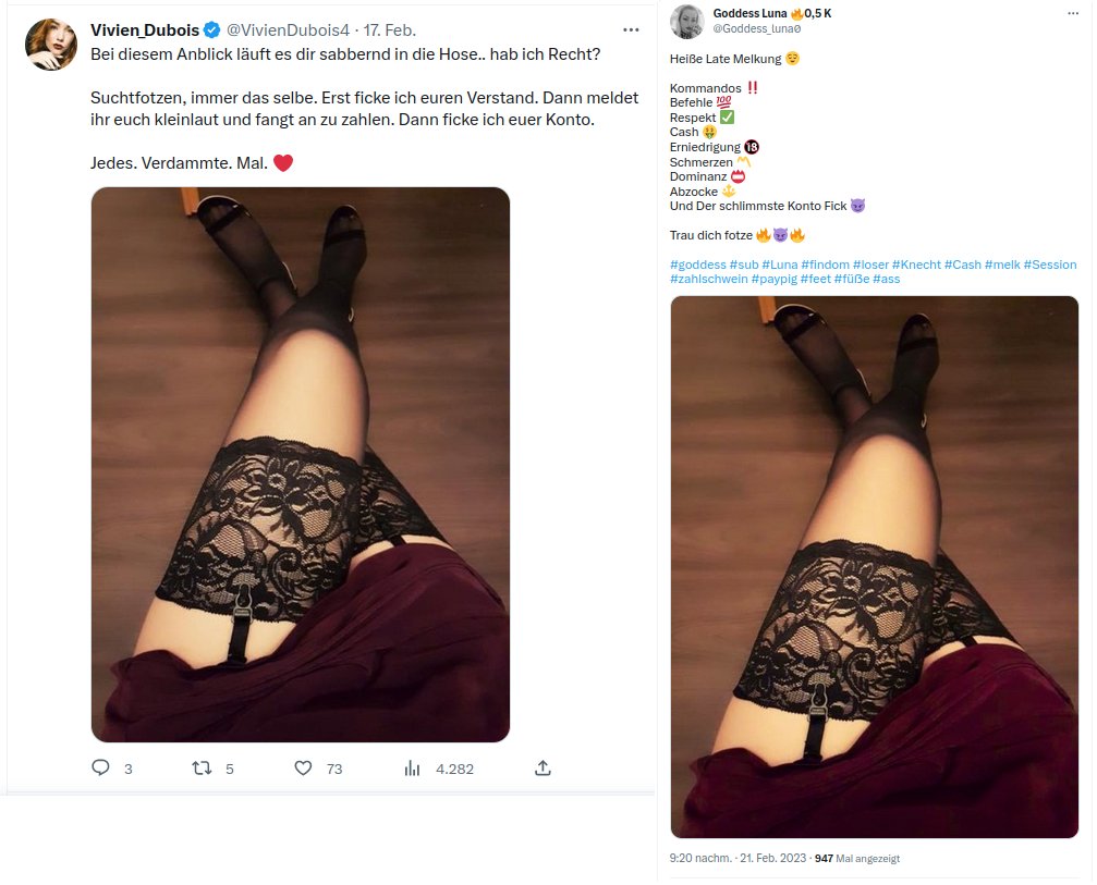 bushchecker2022's tweet photo. ‼️Achtung‼️: Der Account (Goddess_luna0) betreibt Bilderdiebstahl. Nicht nur an Bildern von @findom_diamond:
https://t.co/9AVjlES2xu
Sondern auch bei @VivienDubois4, sowie im Netz!
#PictureTheft #StolenImages #PhotoTheft https://t.co/npxcju93KP