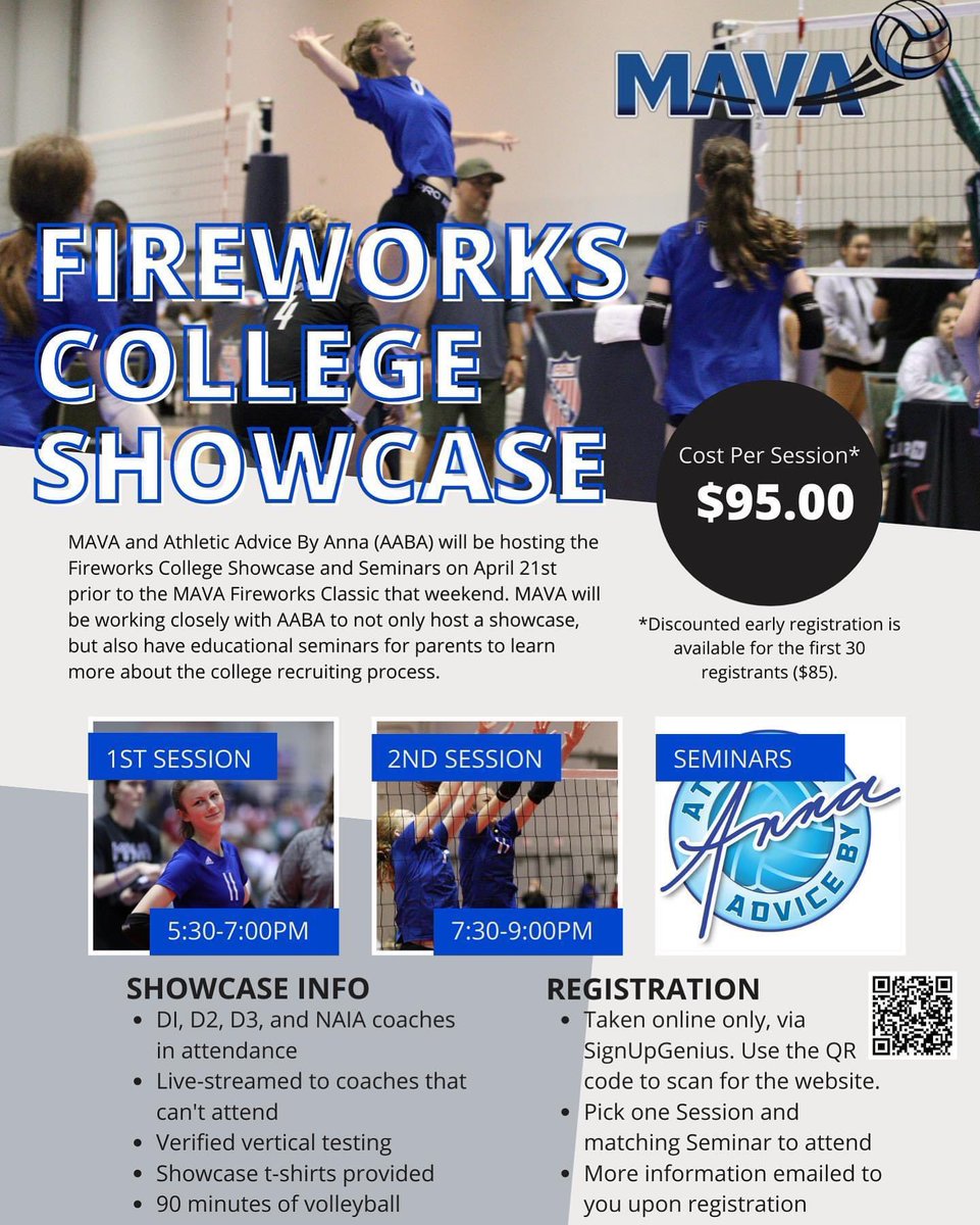Join us for MAVA’s Fireworks College Showcase on April 21st prior to the MAVA Fireworks Challenge. Colleges in attendance will range from D1 to NAIA and all uncommitted athletes in classes 2023-2027 are welcome to attend. Registration is being taken in advance online. 
#WeAreMAVA