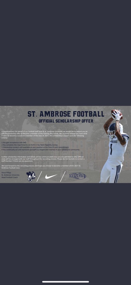 I would like to announce that I have received an offer from St. Ambrose. Thank you <a href="/FightingBeesFB/">St. Ambrose Football</a>.  <a href="/FillippSAU/">Vince Fillipp</a> <a href="/brody_mason23/">Brody Mason</a>