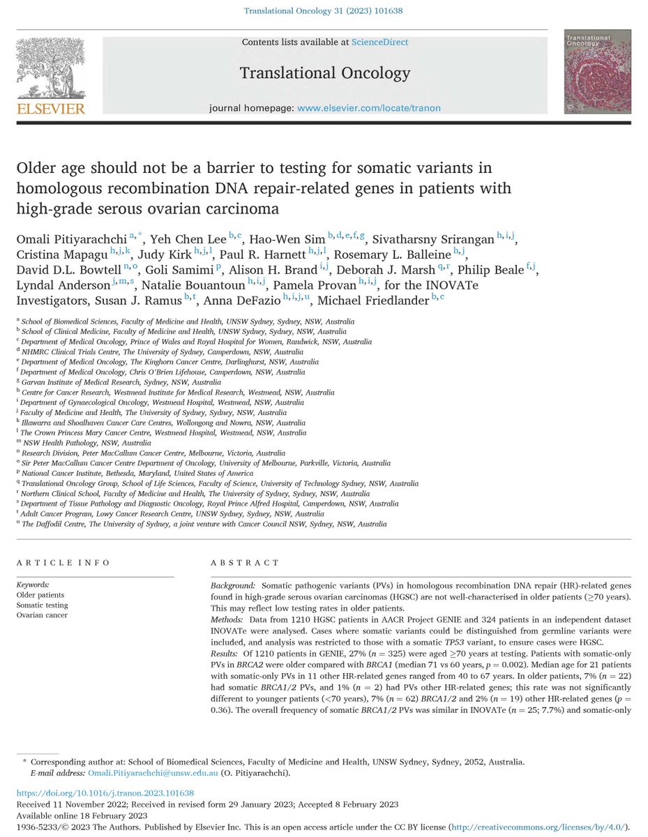 djmarsh24's tweet photo. "Older age should not be a barrier to testing for somatic variants in homologous recombination DNA repair-related genes in patients with high-grade serous ovarian carcinoma"-๐2b part of this via #INOVATe, led by Michael Friedlander & @annapoids doi: 10.1016/j.tranon.2023.101638 https://t.co/7fNSMKUWHE