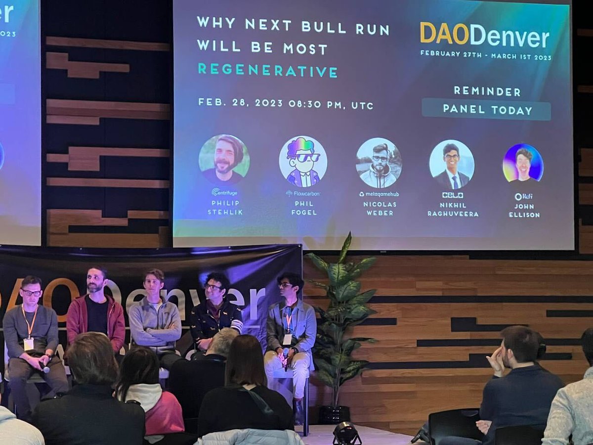 Great to see #ReFi friends at <a href="/DAODenver/">DAODenver</a>. 👋🏽

<a href="/centrifuge/">Centrifuge</a> 
<a href="/weareflowcarbon/">Flowcarbon</a> 
@MGH_DAO 
<a href="/ReFiDAOist/">ReFi DAO 🪩</a> 
<a href="/pumpernikhil/">Nikhil Raghuveera</a>