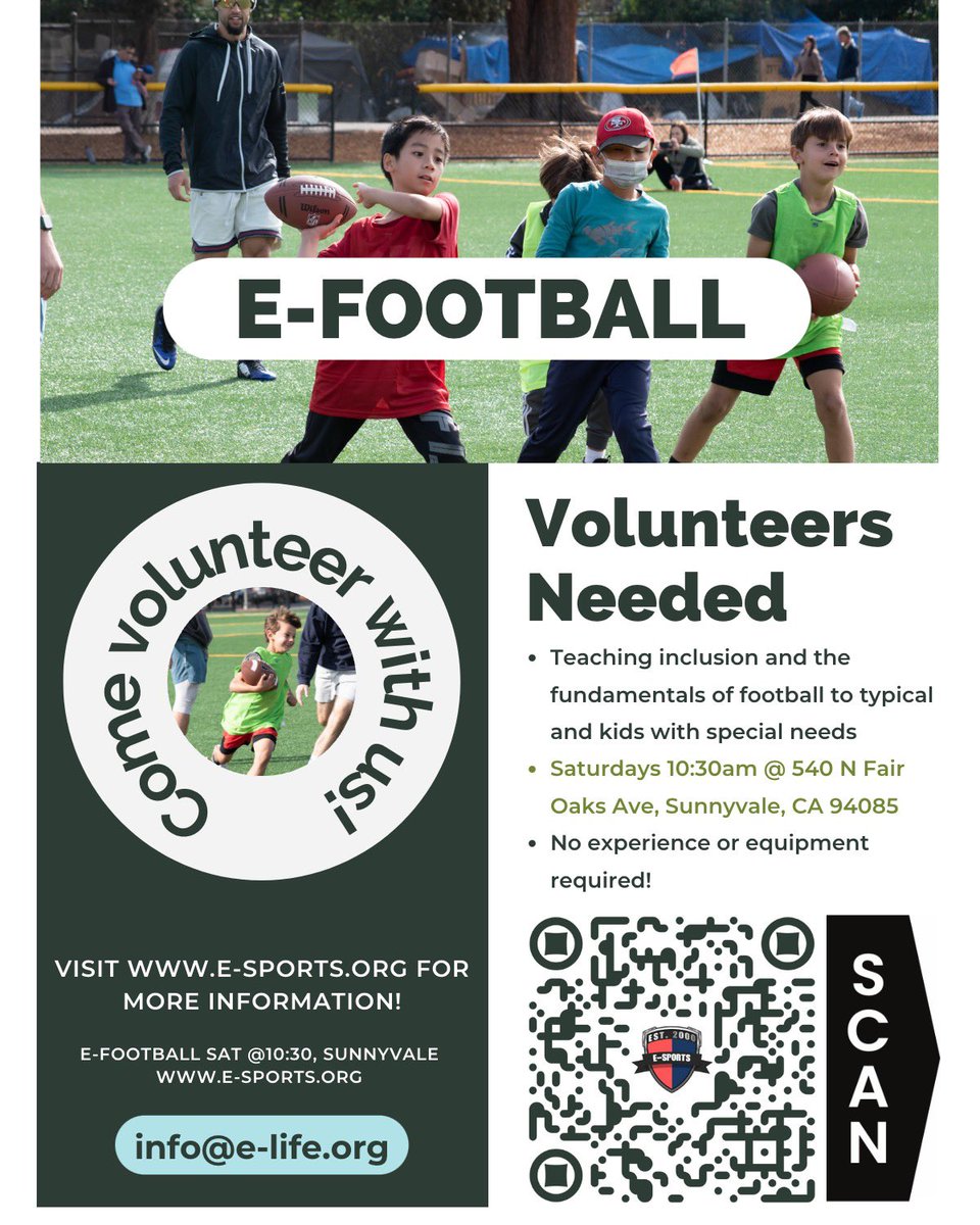 Do you love football? Do you want to make a difference in your community? Join us as a volunteer for e-football, an inclusive sports program where kids with typical and special needs learn inclusion through learning the fundamentals of football. (1/2)