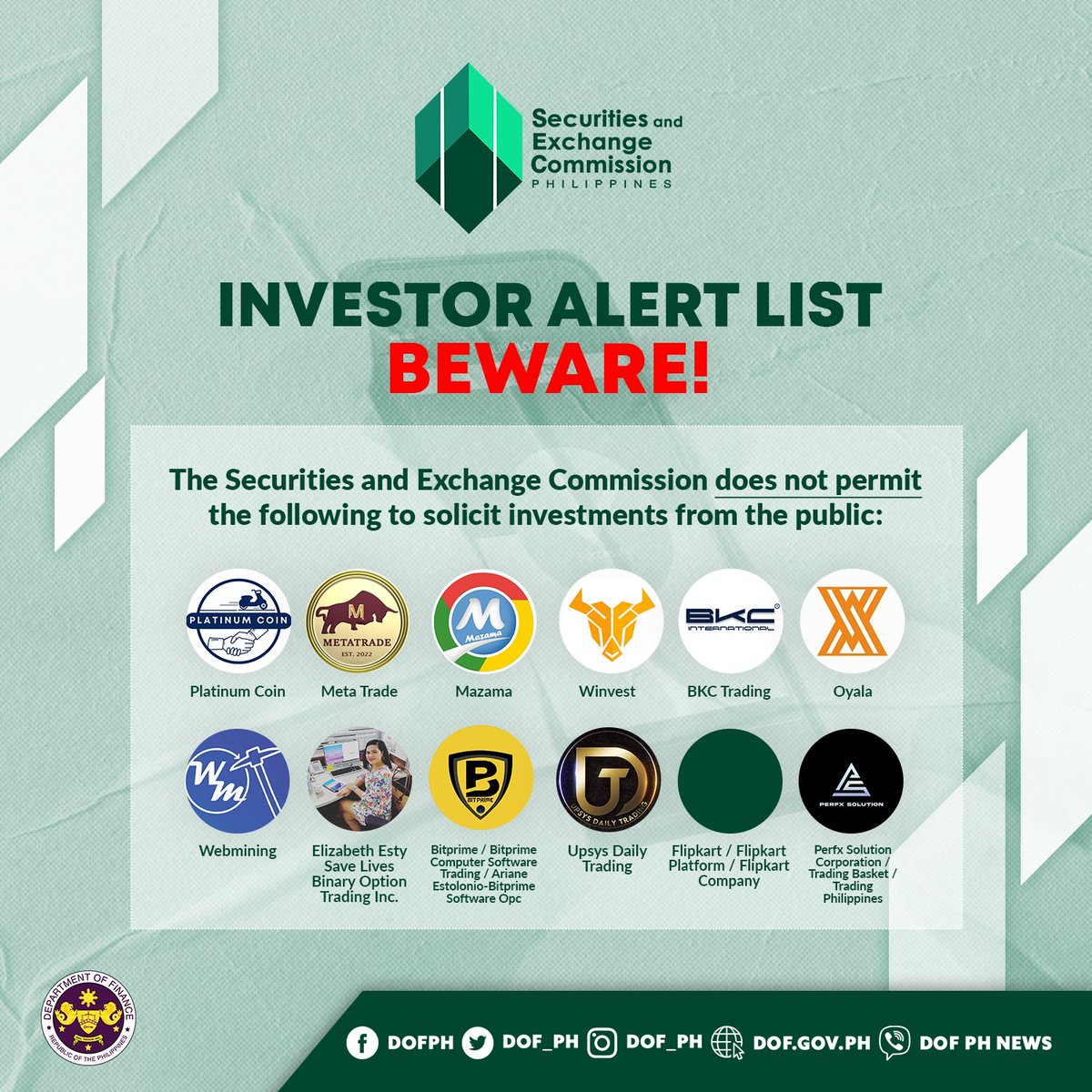 BEWARE! ⚠️

The <a href="/SEC_Philippines/">SEC Philippines</a> has warned the public against investing in entities that lack proper registration with the Commission and the necessary licenses to offer to and receive from the public investments.

VISIT: bit.ly/3lVkeP6