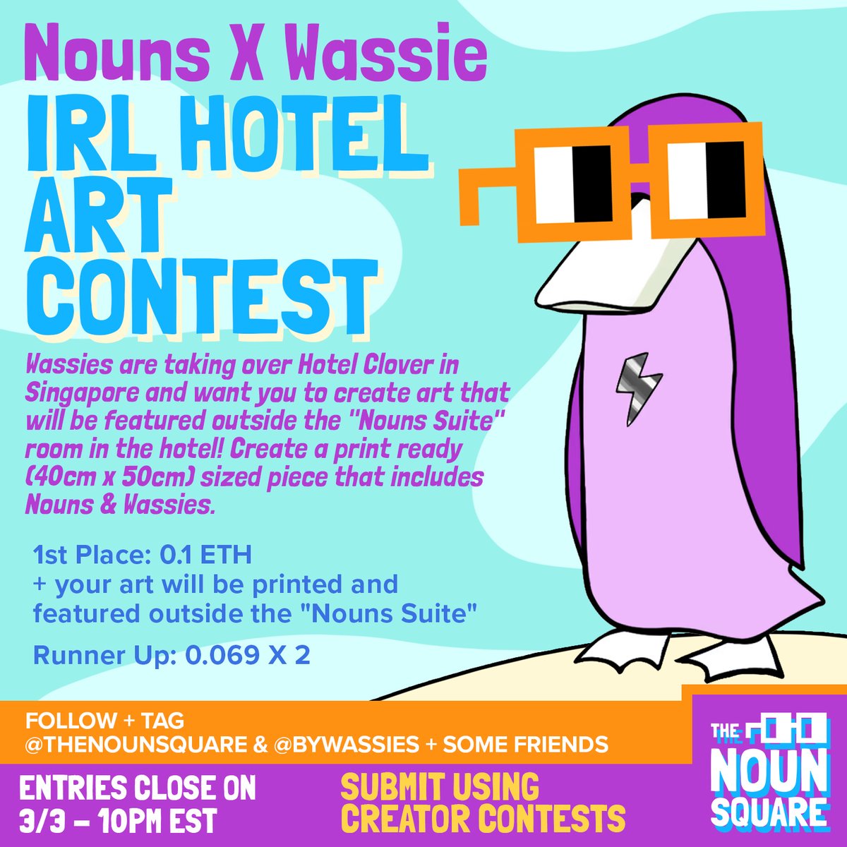 zerorightsmedia's tweet photo. 🎉 Nouns X Wassie IRL Hotel Art Contest

🏨 Wassies are taking over Hotel Clover in Singapore and want to put your art outside the "Nouns Suite" in the hotel!

1st Place: 0.1 ETH + featured IRL 
Runner Up: 0.069 X 2

Ends: 3/3 @ 10pm est

Tag @thenounsquare &amp; @bywassies https://t.co/MiSUlZMaZp