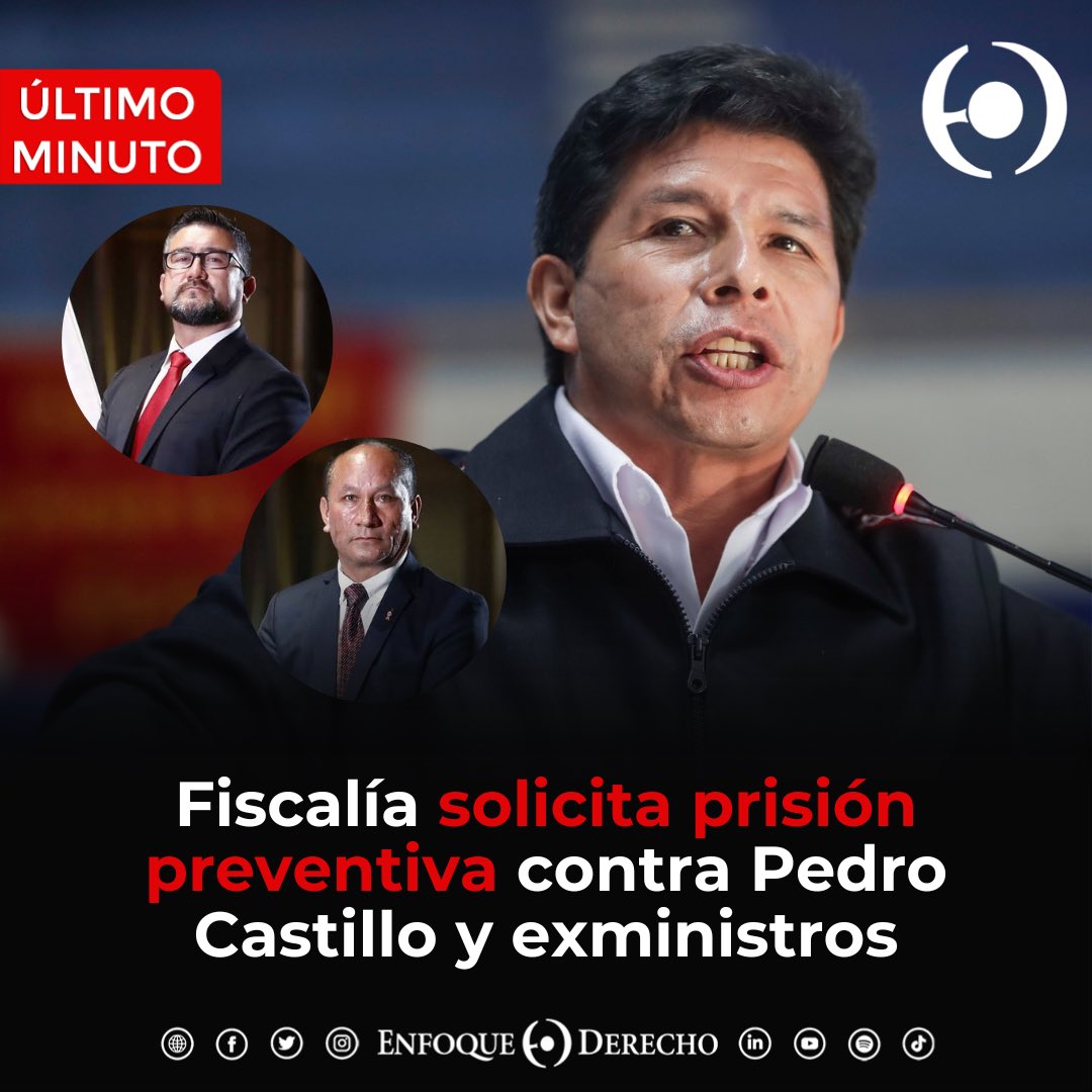 #ÚltimoMinuto 🚨

La Segunda Fiscalía Suprema Transitoria Especializada en Delitos Cometidos por Funcionarios Públicos solicita prisión preventiva contra #PedroCastillo, #JuanSilva y #GeinerAlvarado, por los delitos de #organizacióncriminal, #colusión y #tráficodeinfluencias.