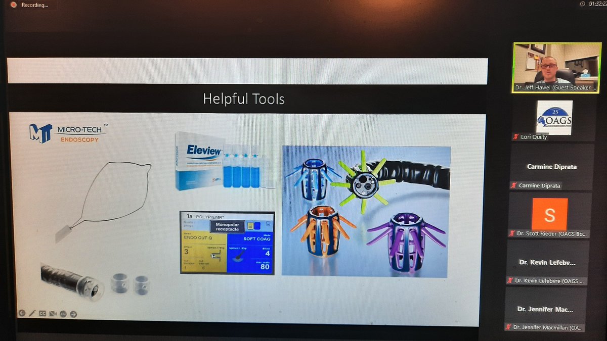 OAGS1's tweet image. Tonight's speaker Dr. Jeff Hawel's must haves for #polypectomy.  Great talk!  Thank you to everyone who participated and special thx to our sponsor #pendopharm @_Pharmascience_! #colonoscopy #generalsurgery #OAGS2022 @westernuSurgery