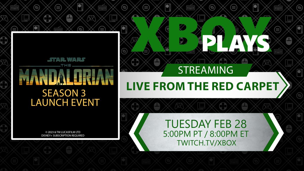 Xbox's tweet image. Xbox has teamed up with #TheMandalorian to bring you right to the red carpet of the Season 3 Launch Event.

Want to see all the action? Join us now on Twitch: twitch.tv/xbox