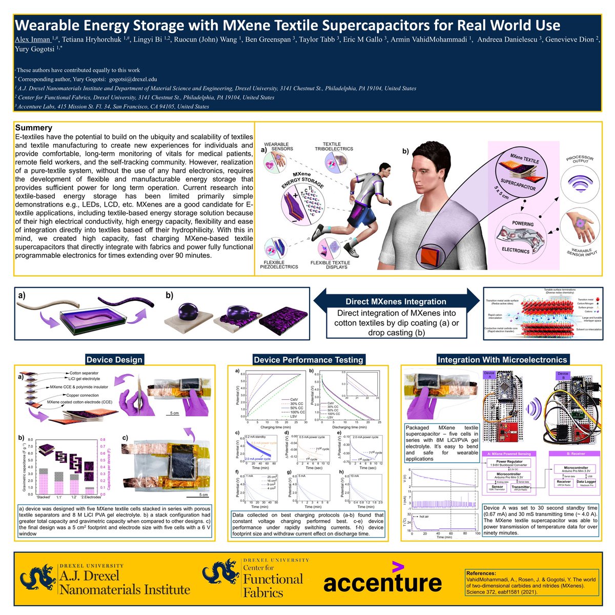 Ruocun (John) Wang (@ruocunwang) on Twitter photo Happy to share our work led by Ph.D. students Alex Inman and Tetiana Hryhorchuk using MXene-based aqueous textile supercapacitors to power health-monitoring wearable devices on the #RSCPoster Twitter Conference!
#RSCPoster #RSCMat #RSCEnergy <a href="/YGogotsi/">Yury Gogotsi</a> Happy to share our work led by Ph.D. students Alex Inman and Tetiana Hryhorchuk using MXene-based aqueous textile supercapacitors to power health-monitoring wearable devices on the #RSCPoster Twitter Conference!
#RSCPoster #RSCMat #RSCEnergy <a href="/YGogotsi/">Yury Gogotsi</a>
