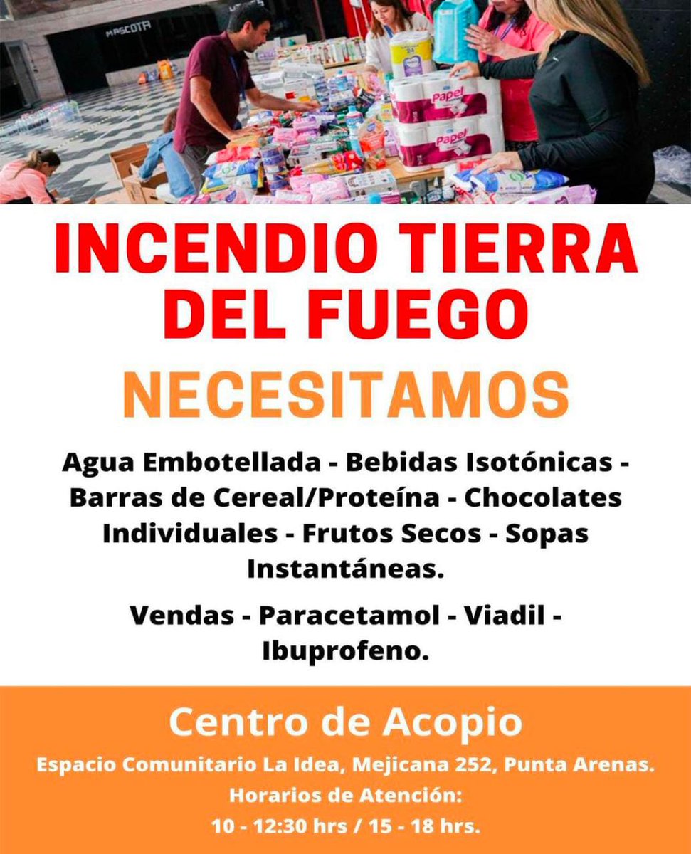 Oscar España Burgos (@oscar_espana_b) on Twitter photo 🔴 Centro de acopio en #PuntaArenas para ayudar a <a href="/BomberosdeChile/">Bomberos de Chile</a> y brigadas <a href="/conafmagallanes/">CONAF Magallanes</a> que trabajan en incendio forestal en #TierradelFuego
"Espacio Comunitario la Idea" en calle Mejicana #252 🔴 Centro de acopio en #PuntaArenas para ayudar a <a href="/BomberosdeChile/">Bomberos de Chile</a> y brigadas <a href="/conafmagallanes/">CONAF Magallanes</a> que trabajan en incendio forestal en #TierradelFuego
"Espacio Comunitario la Idea" en calle Mejicana #252