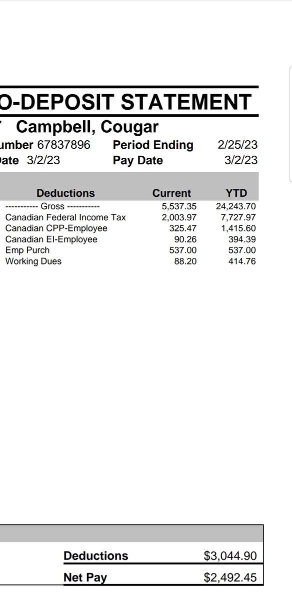 Cougar_Campbell's tweet image. Holy fuck!!! This hurts. 2000!!$$$ 
In federal tax,on one week of pay.
@JustinTrudeau here's enough for another expensive hotel, I spend 22 days away from home and six days with my family, your destroying my life and killing us all, step aside time for @PierrePoilievre to step up