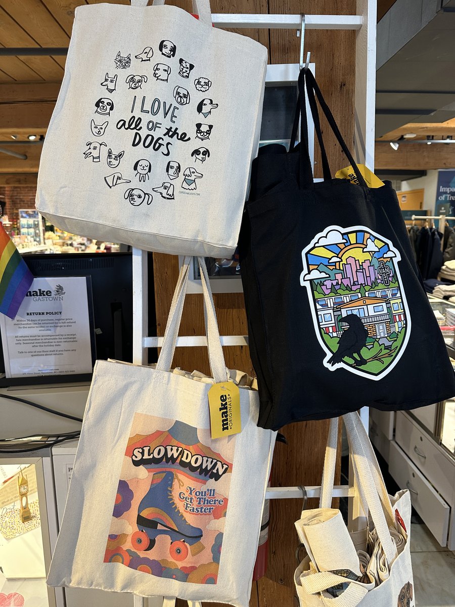 makegastown's tweet photo. Come check out our collection of graphic tote bags. You'll want more than just one. 🧡

All of these are MAKE Originals which means they were designed by Canadian 🇨🇦artists, printed at MAKE &amp; are exclusive to our stores. 

#makeGastown
#MAKEOriginals
#wherelocalsshop
#souvenirs https://t.co/Ucs4LuZLld