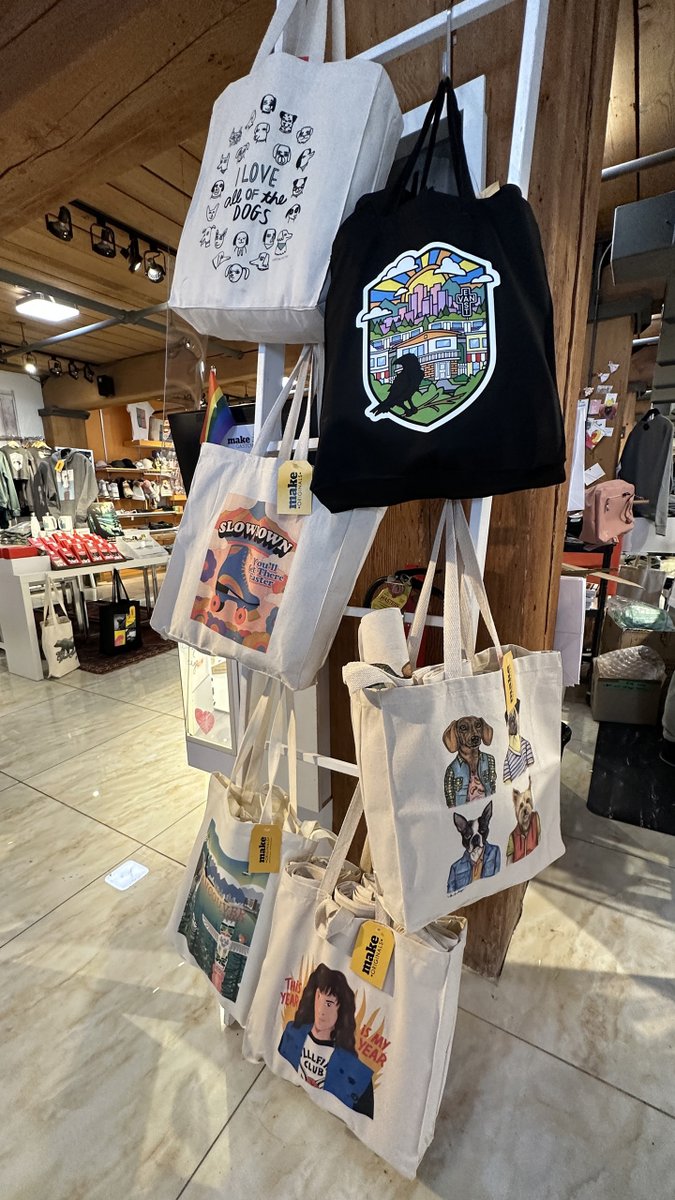 makegastown's tweet photo. Come check out our collection of graphic tote bags. You'll want more than just one. 🧡

All of these are MAKE Originals which means they were designed by Canadian 🇨🇦artists, printed at MAKE &amp; are exclusive to our stores. 

#makeGastown
#MAKEOriginals
#wherelocalsshop
#souvenirs https://t.co/Ucs4LuZLld