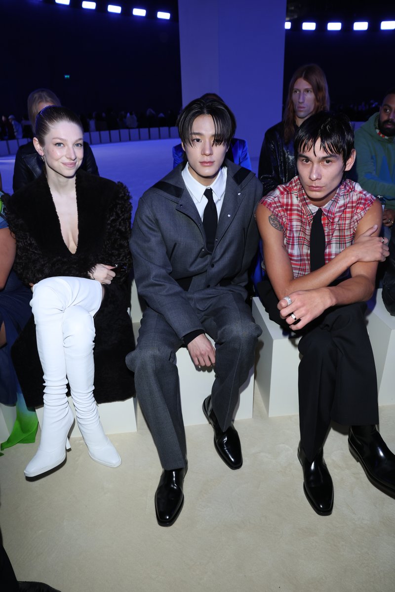 Hunter Schafer, Jeno and Evan Mock sit front row at Ferragamo's fashion show
