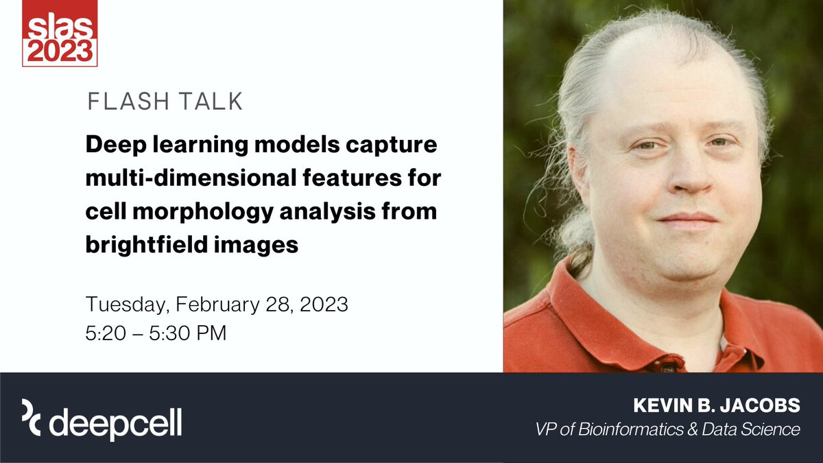deepcellbio's tweet photo. Right now at #SLAS2023: Join our VP of Bioinformatics & Data Science, Kevin Jacobs, for a flash talk on #Deeplearning models to capture multi-dimensional features for cell morphology analysis from brightfield images in the Poster Theater at 5:20pm PT.
#CellMorphology #AI https://t.co/8zvyt2MR2n