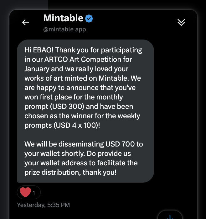 ebao_'s tweet photo. Wow! Thank you @mintable_app for the awesome news! What a way to start March! It has been an exciting journey so far. Hope there will be more of these #artcontests! Btw, these artworks are still up on sale. 

Link: https://t.co/CQ6h9LxzQq

#NFTs #NFTCommunity #NFTartwork #LFG https://t.co/kXECcBerE6
