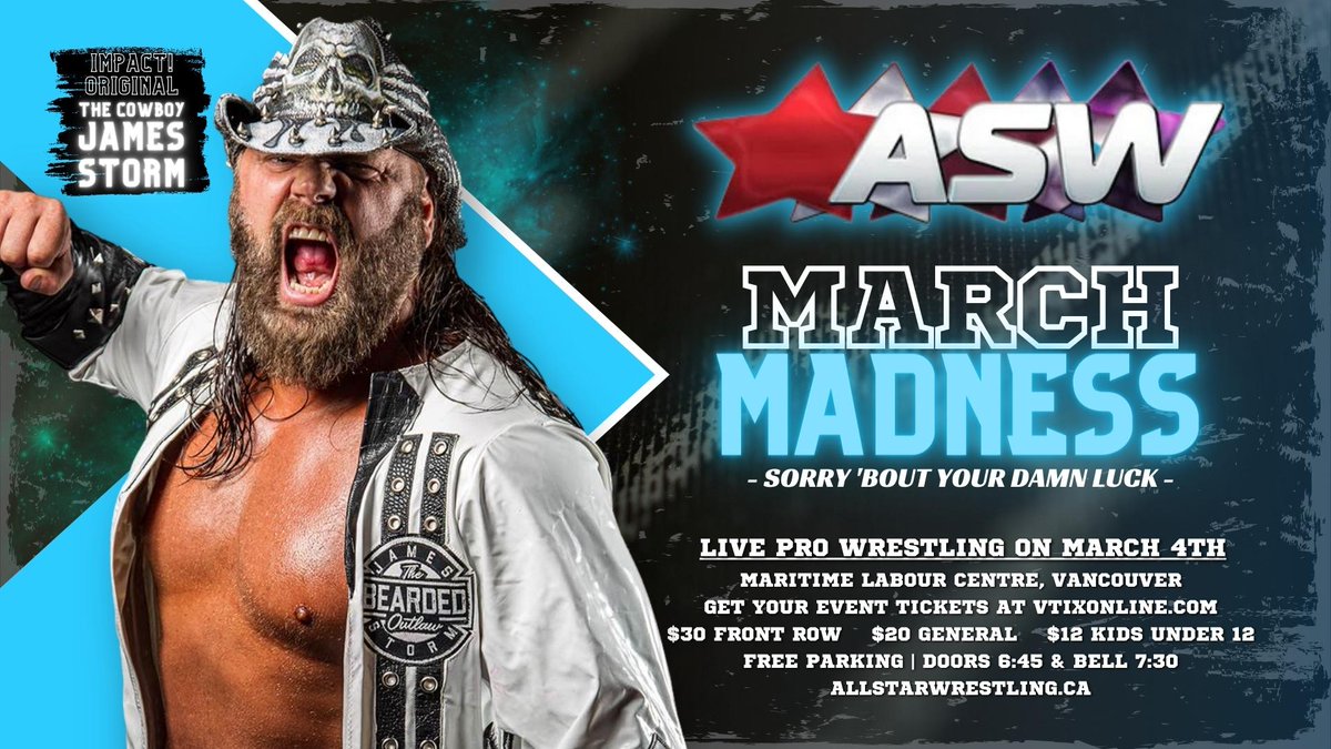 Wanna meet up with Cowboy James Storm?

The Cowboy will be meeting fans entering into the show this Saturday from 6:45PM until 7:30PM Showtime! Come bring your cameras and autograph pens!

Remember, pardners, March Madness has a dark match at 7:15PM too

vtixonline.com/all-star-wrest…