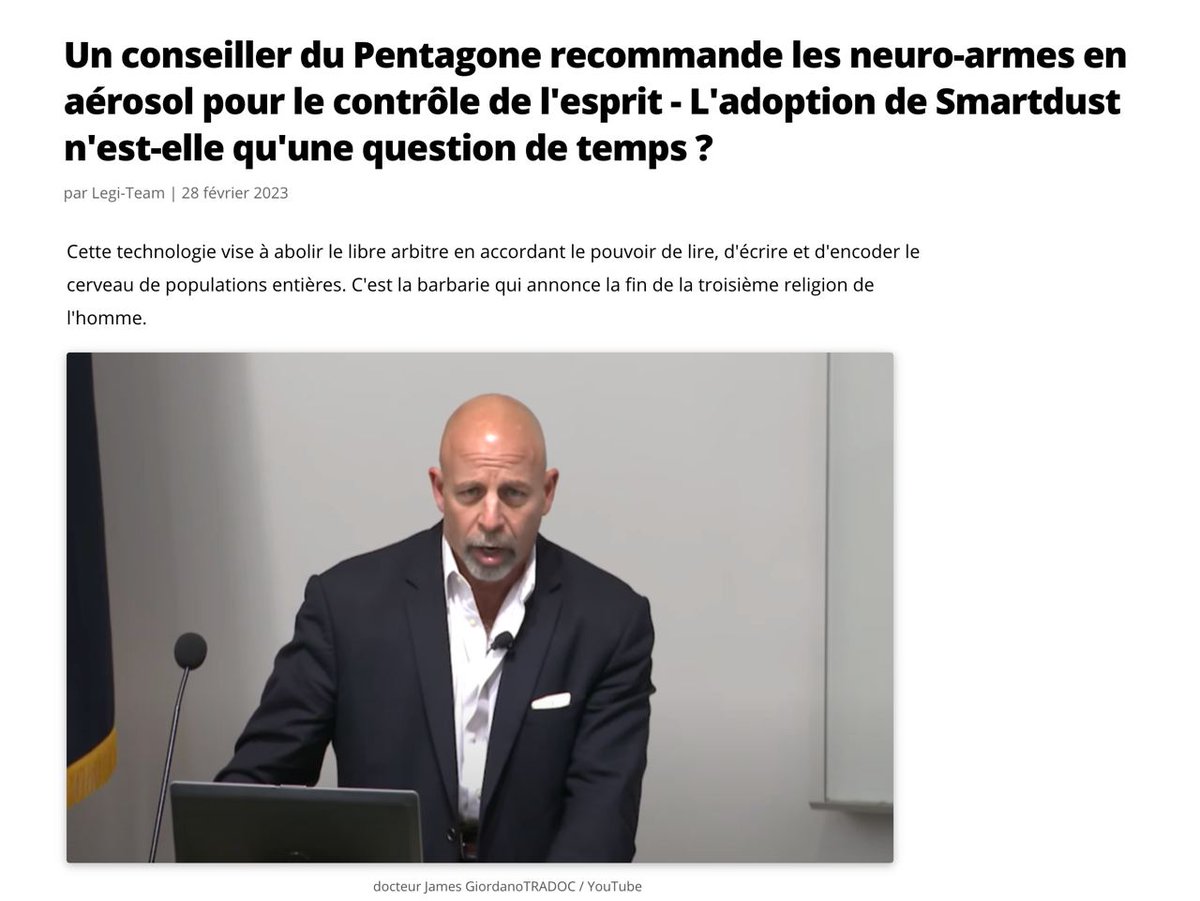 OffLalanne's tweet photo. .Toutes ces théories qualifiées de "complotisme" qui au final s'avèrent exactes avec le temps !

Un conseiller du Pentagone recommande les neuro-armes en aérosol pour le contrôle de l'esprit - L'adoption de Smartdust n'est-elle qu'une question de temps ?

https://t.co/AeEMy0tWqK https://t.co/K8Rz3EgUMZ