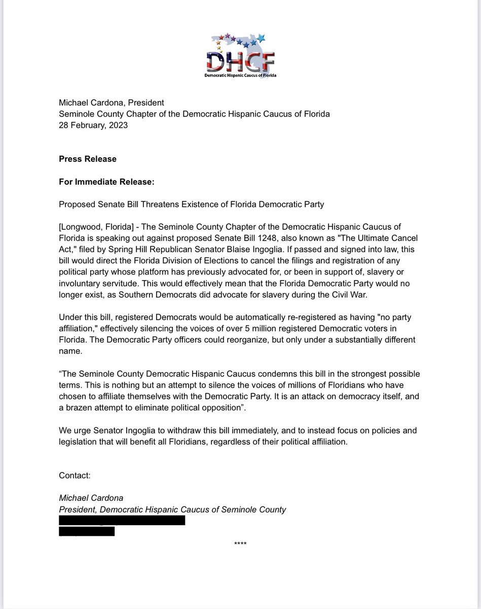 "The Seminole County Democratic Hispanic Caucus condemns this bill in the strongest possible terms. It is an attack on democracy itself, and a brazen attempt to eliminate political opposition"