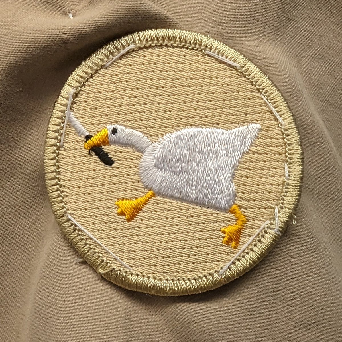 XplodingUnicorn's tweet photo. This is the patrol patch for my 12-year-old's all-girl Boy Scout Troop. They're the Goofy Goober Gooses, and, yes, that goose is holding a knife. I understand now why the BSA waited so long to let in girls. They were afraid, and rightfully so. https://t.co/4PJ3qCn8NA