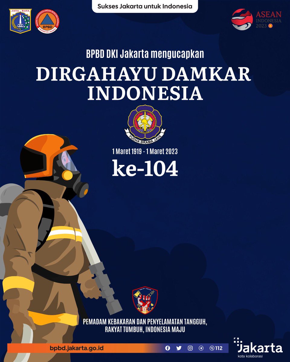 BPBDJakarta's tweet photo. Segenap jajaran BPBD Provinsi DKI Jakarta mengucapkan, Dirgahayu ke-104 kepada Pemadam Kebakaran dan Penyelamatan Indonesia! @humasjakfire 

#HUT104PemadamKebakaran #SiagaTanggapGalang 
#dkijakarta #SuksesJakartauntukIndonesia https://t.co/JurqtK25wW