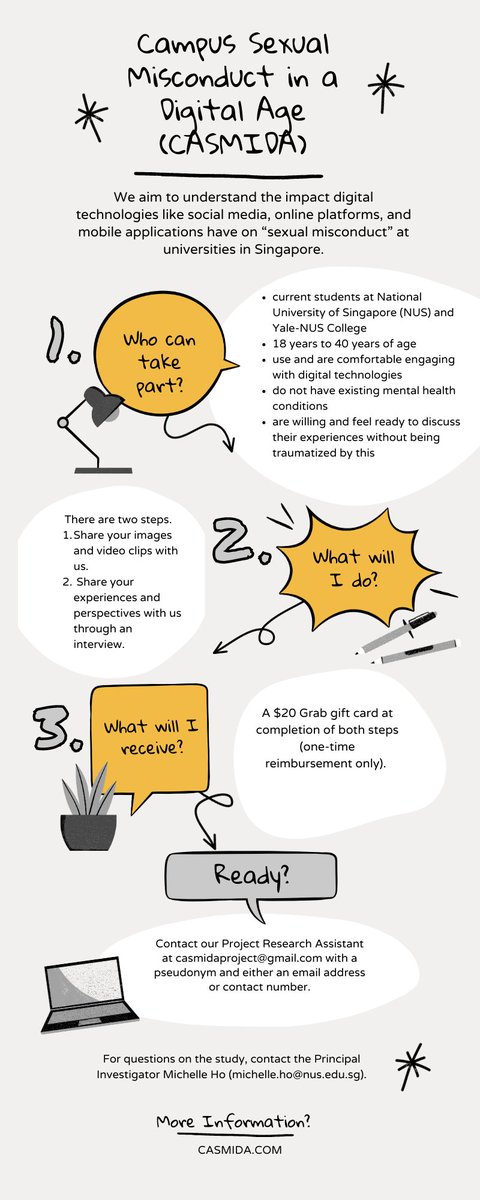 casmidaproject's tweet photo. ‼️📣Calling all #NUS and #YaleNUS Students📣‼️

We are still looking for research participants for (1) digital data collection and (2) interviews on #TFSV #CampusSexualViolence and #SexualLiteracy in Singapore.

📲$20 Grab voucher upon completion of (1) &amp; (2) https://t.co/m3TuWL3POz