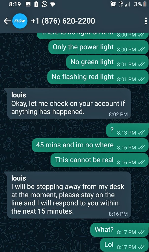 burton_denzel's tweet photo. Imagine me txt Flow cause me internet nah work and this bredda say him gone pon break. 

Me fi wait https://t.co/TLYUuNebYO
