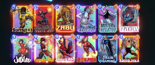 PAbright's tweet photo. @Real_JackVT @MARVELSNAP Beautiful! I've been climbing with this list, I don't yet have psylock but that is the obvious add, I've enjoyed it a lot because it wins a fair number of 50/50s without negative, and then if negative hits you can snap for 8 on the last turn with seemingly nothing on the board. https://t.co/L2FZMXHTBG