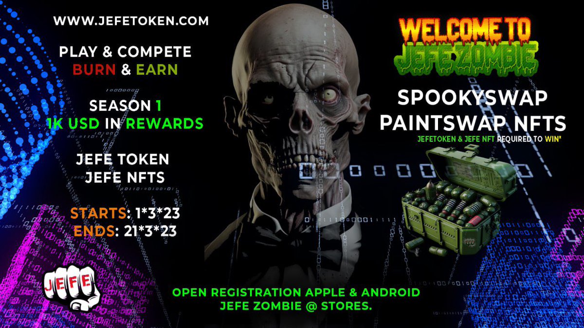 JefeTOKEN's tweet photo. ๐๐ป#JEFEZOMBIE SEASON 1
๐Download 4 Apple & Android๐ค#CryptoGame #P2BE #TRAIN #FTM
๐Load Billions of #JEFETOKEN
๐Load TOP #JEFENFTS
๐Survive & make as much points
โณ3 Week competition with classification on Sundays
๐Letโs play 2 Burn & Earn. ๐Find us at #SpookySwap ๐ป https://t.co/QfH3yXyO9y