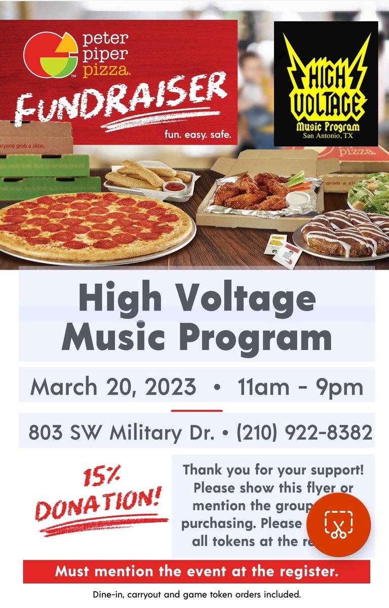 HVMusicProgram's tweet image. Join us for our March 20 fundraiser at Peter Piper 803 SW Military Dr. Come out anytime 11am-9pm.. mention us asthe register when ordering dine-in, take-out or by tokens at the register and we will get 15% to help continue funding our youth music program for area teens!