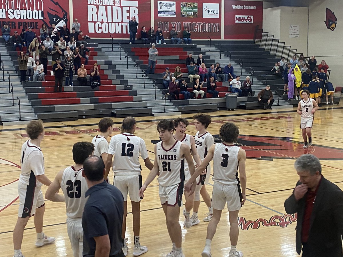 It’s a Raider victory!  Portland takes down Ovid-Elsie 68-63 in OT.  Sophomore Dom Novara lead the way with 22 points, Sophomore Evan Gross added 21 and Senior Marc Nobis contributed 15 on Senior Night!