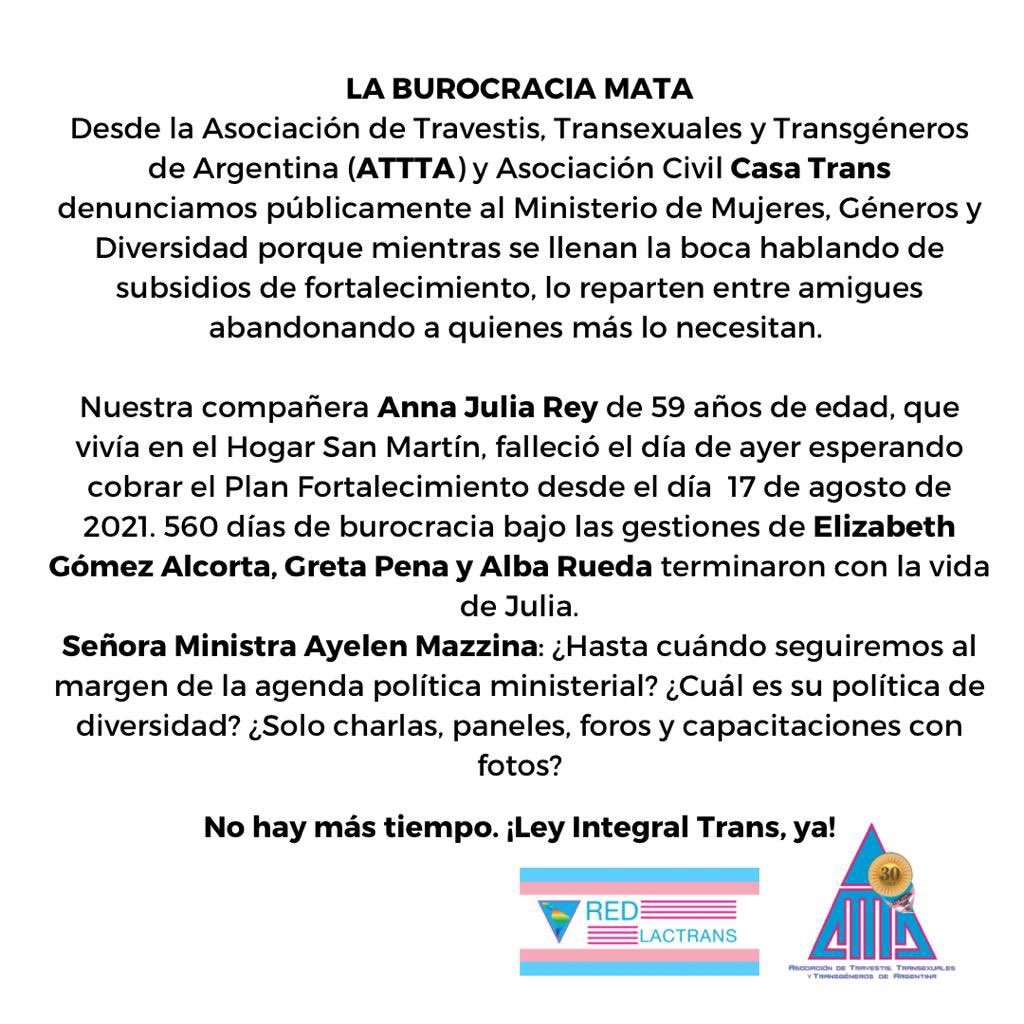 EarthMetaAiHQ's tweet photo. LA BUROCRACIA MATA
Señora Ministra Ayelen Mazzina: ¿Hasta cuándo seguiremos al margen de la agenda política ministerial? ¿Cuál es su política de diversidad? 

No hay más tiempo. ¡Ley Integral Trans, ya!

@AyelenMazzina @alferdez @VilmaIbarraL @MinGenerosAR https://t.co/xMaI1TQg68