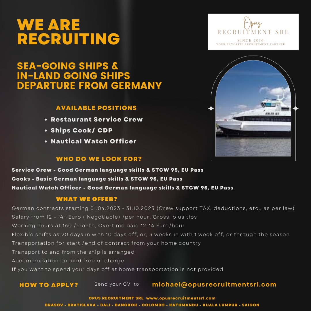 Jobs on ships for German speaking crew now available at Opus Recruitment SRL #cruisejobs #crewjobs #shipjobs #crewlife