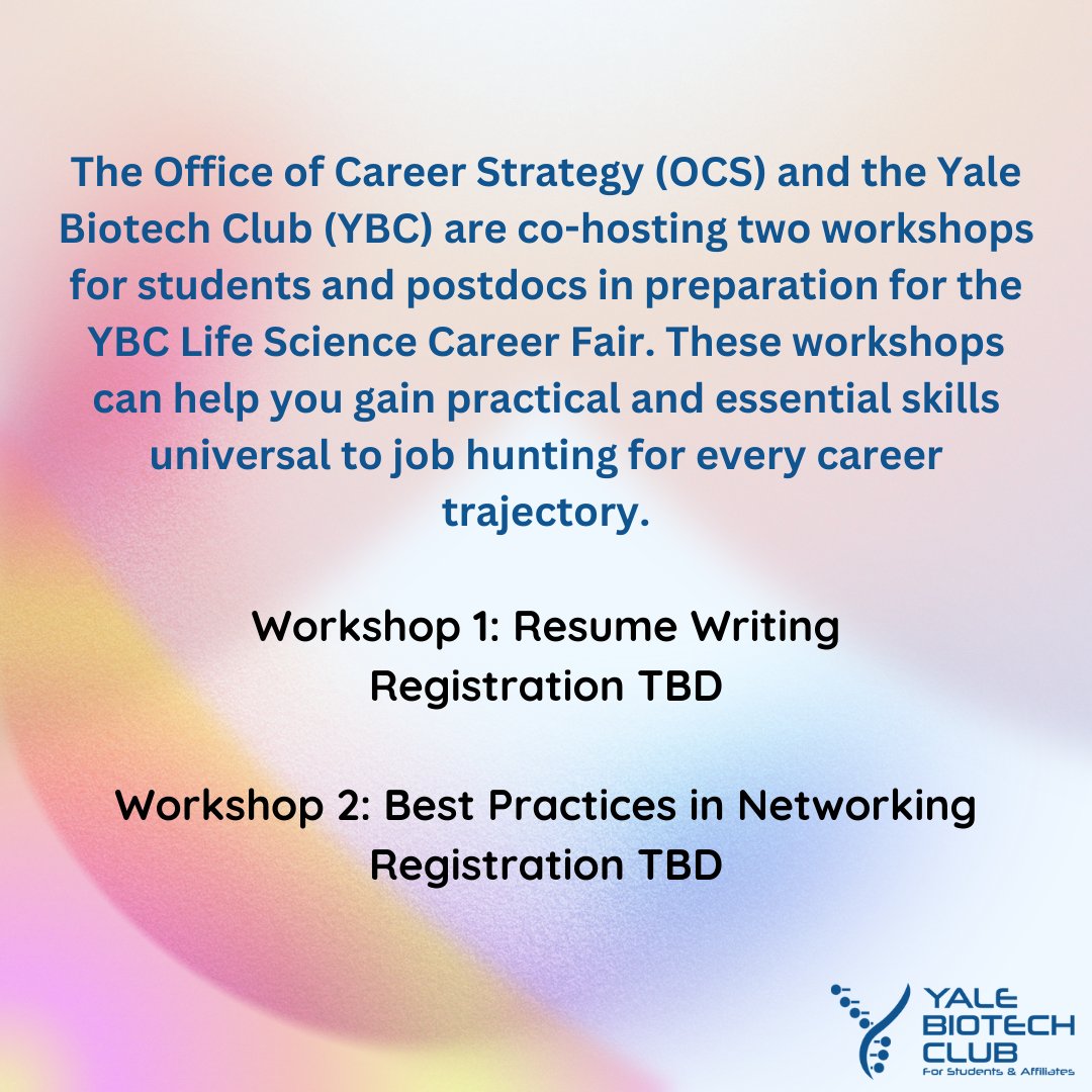 The YBC team has a surprise underway... our best Life Science Career Fair yet! The 2023 YBC Career Fair features an in-person itinerary at Alexion, an industry night at Via Gastropub, and a virtual series April 20-21. Stay up to date at yalebiotechclub.org/careerfair2023