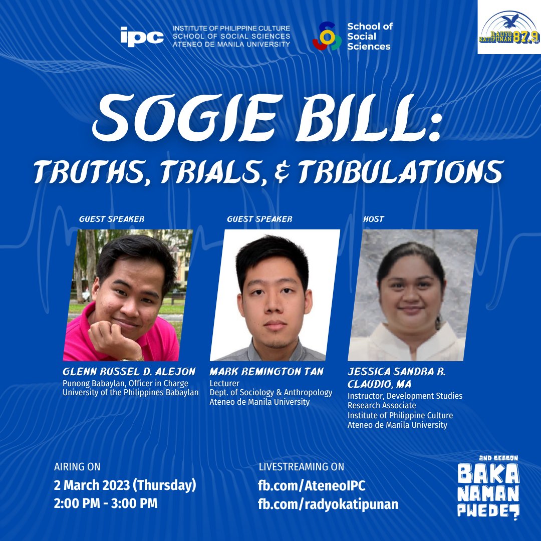ateneodemanilau's tweet photo. In this week's episode of "Baka Naman Pwede?," we will discuss what is SOGIE Bill, the misconceptions about how it is perceived, and why we need it. 

Samahan niyo kami at makilahok sa aming usapan sa Baka Naman Pwede sa Radyo Katipunan at Ateneo IPC! https://t.co/k5RjE471yq