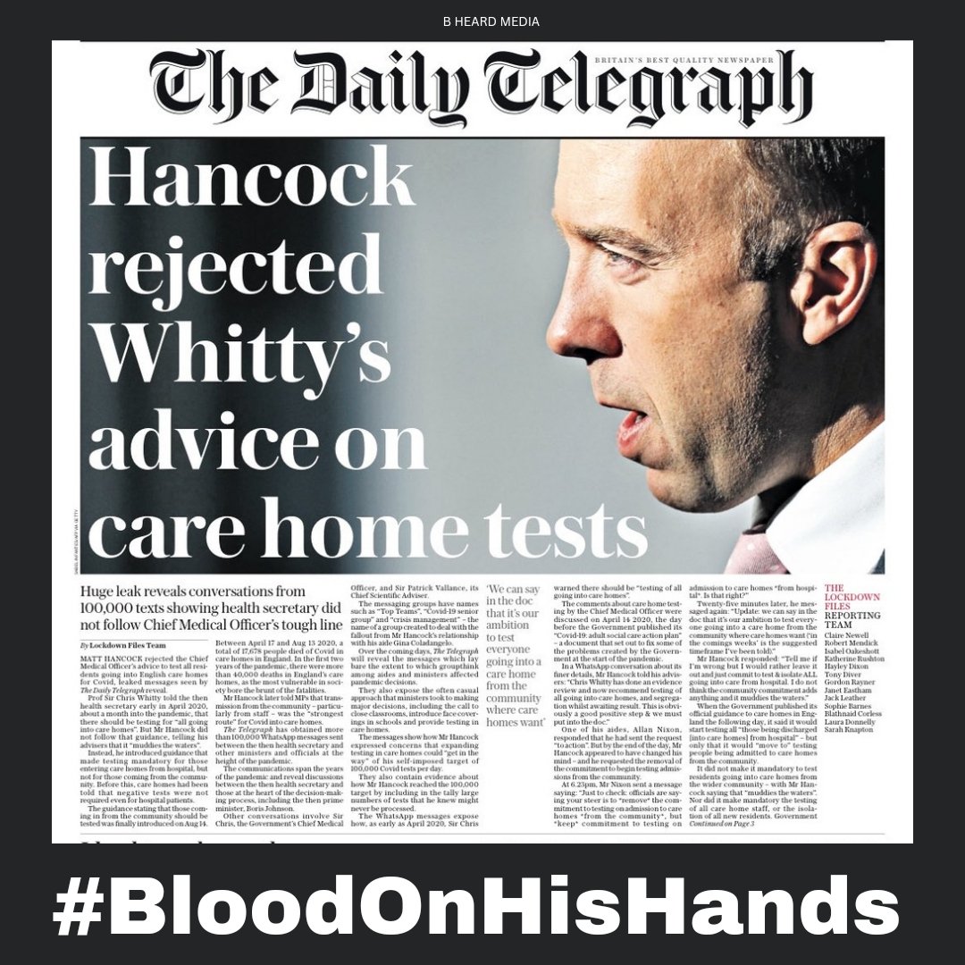 Leaked WhatsApp messages show Matt 'Hancock rejected Chris Whitty's advice on care home tests' because he feared it could 'get in the way' of his ambitious Covid testing target!

#CareHomeScandal
#BloodOnHisHands
#TheLockdownFiles
#ToryCovidDisaster
#EnoughIsEnough 
#ToriesOut236