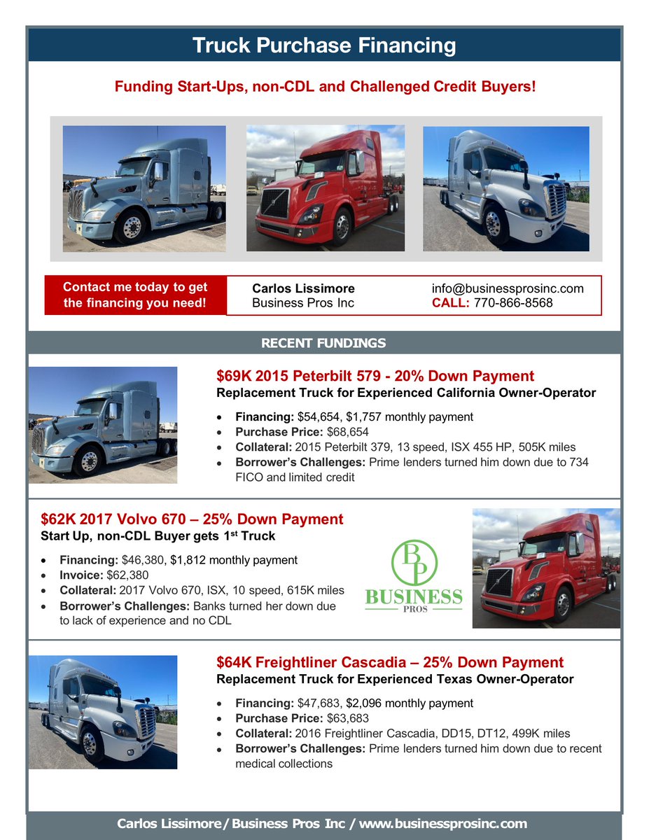 Need TRUCKS for your business? but having a hard time getting approve to have one?
WE are here to help ❗️❗️❗️ contact us now
 ☎️ 770-866-8568  or  📧 info@businessprosinc.com 
#EquipmentFinancing #Businessprosinc #businessowners #truckowners #truckloans