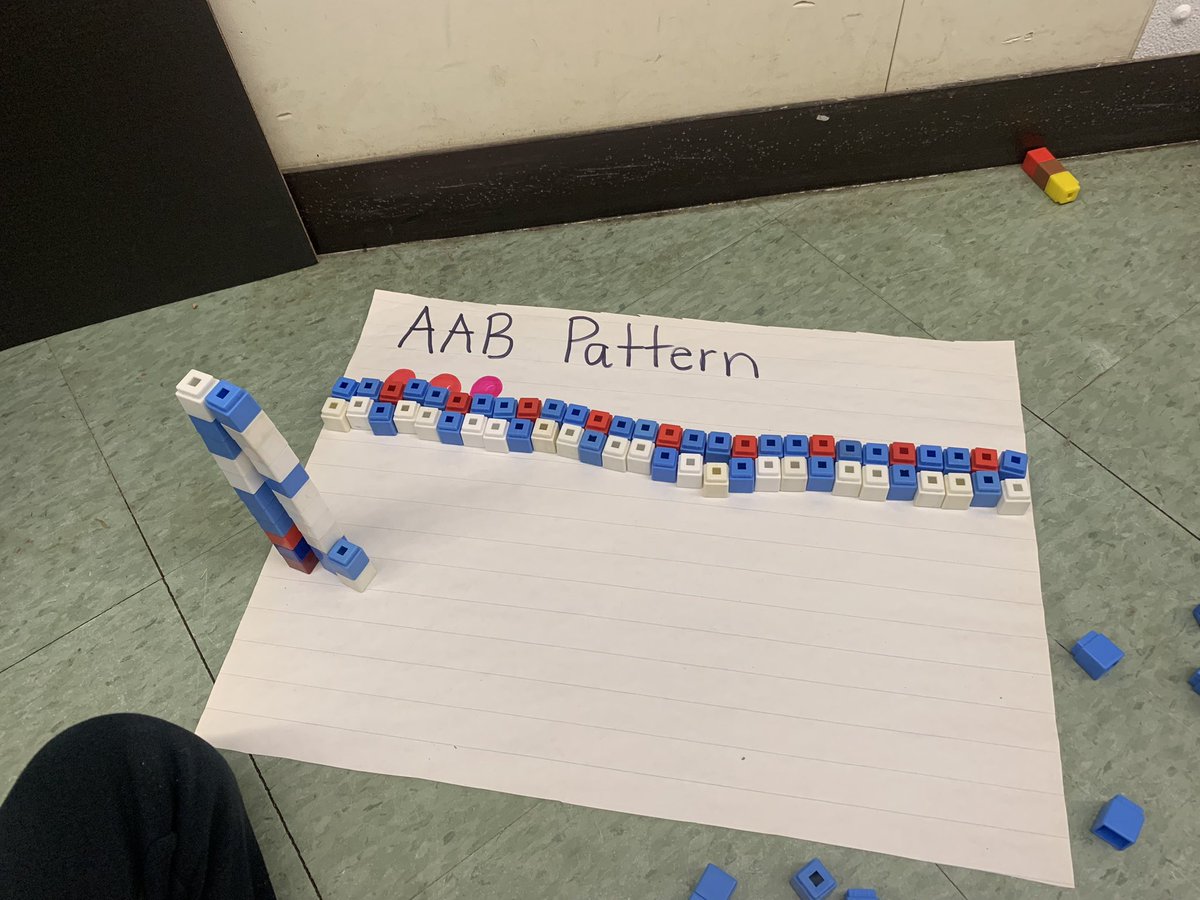 Reviewing patterns using classroom materials. We know that every pattern has a core that is repeated in a logical way. Patterns can be represented by colour, shape, size and number. Can you find the types of patterns our SS were making? AB, ABB,ABC,AAB