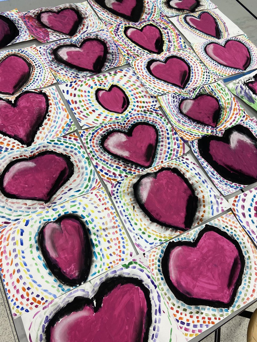 Ms_Rawls33's tweet photo. 2nd grade artists celebrated #BlackHistoryMonth by learning about the art and life of Alma Woodsey Thomas before creating these mosaic artworks. Students learned how to create a symmetrical heart, painted in a mosaic style, and then added chalk pastel details. @HESVBVikings https://t.co/XWNjpV6GuX