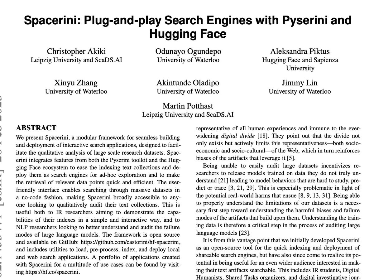 Spacerini: Plug-and-play Search Engines with Pyserini and Hugging Face 

abs: arxiv.org/abs/2302.14534