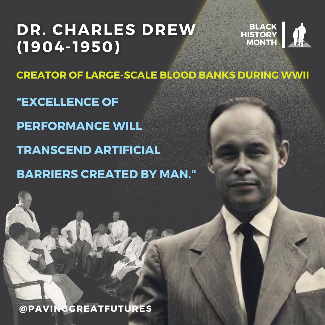 Dr. Charles Richard Drew was a renowned black surgeon and medical researcher who pioneered methods for long-term storage of blood plasma. Called the "father of the blood bank," Dr. Drew is most notably known for organizing America's first large-scale blood bank.