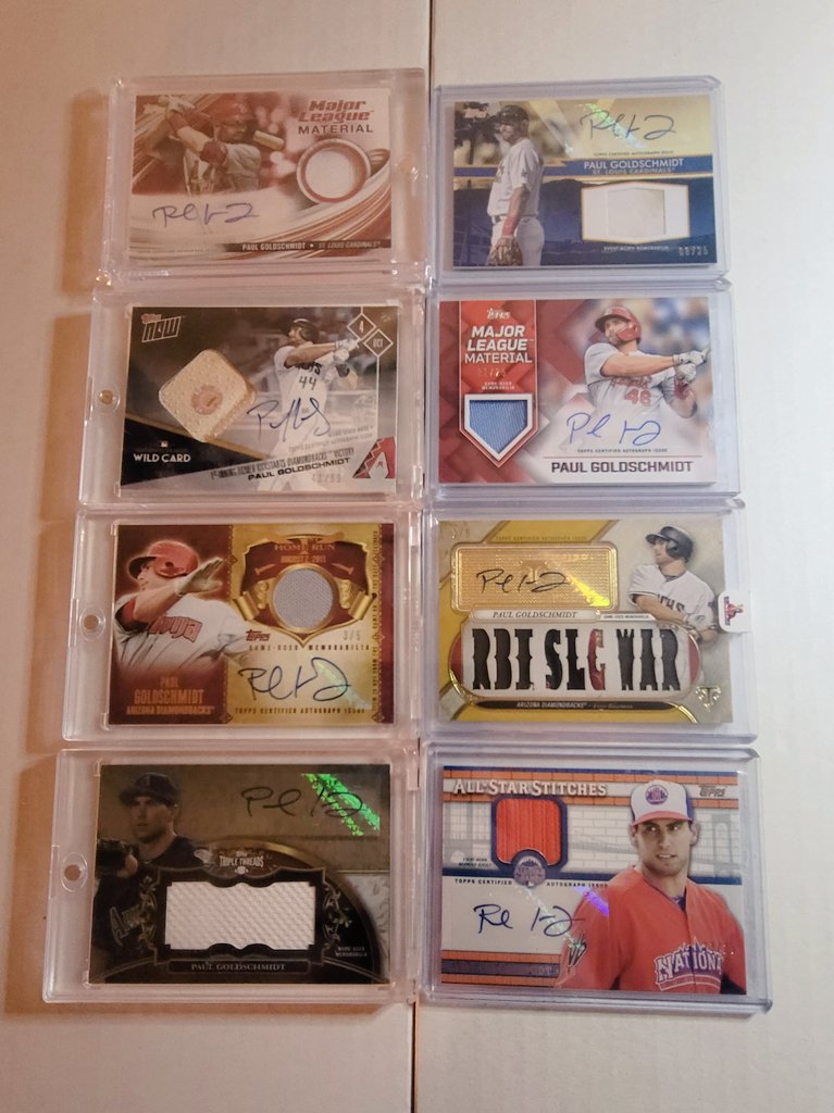 DizzleAZ's tweet photo. My updated #Goldy collection numbers. Over 535 unique @Topps cards, including all 21 of his flagship gold parallel cards, lots of autos, relics, etc. #AmericasFirstBaseman #MVP 
@CardPurchaser 
@Cardinals https://t.co/OMCKHkM21u