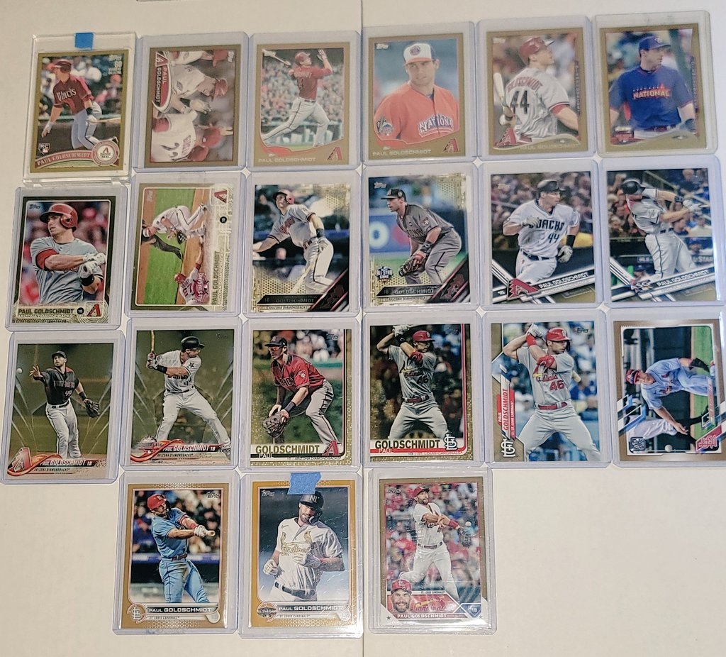 DizzleAZ's tweet photo. My updated #Goldy collection numbers. Over 535 unique @Topps cards, including all 21 of his flagship gold parallel cards, lots of autos, relics, etc. #AmericasFirstBaseman #MVP 
@CardPurchaser 
@Cardinals https://t.co/OMCKHkM21u