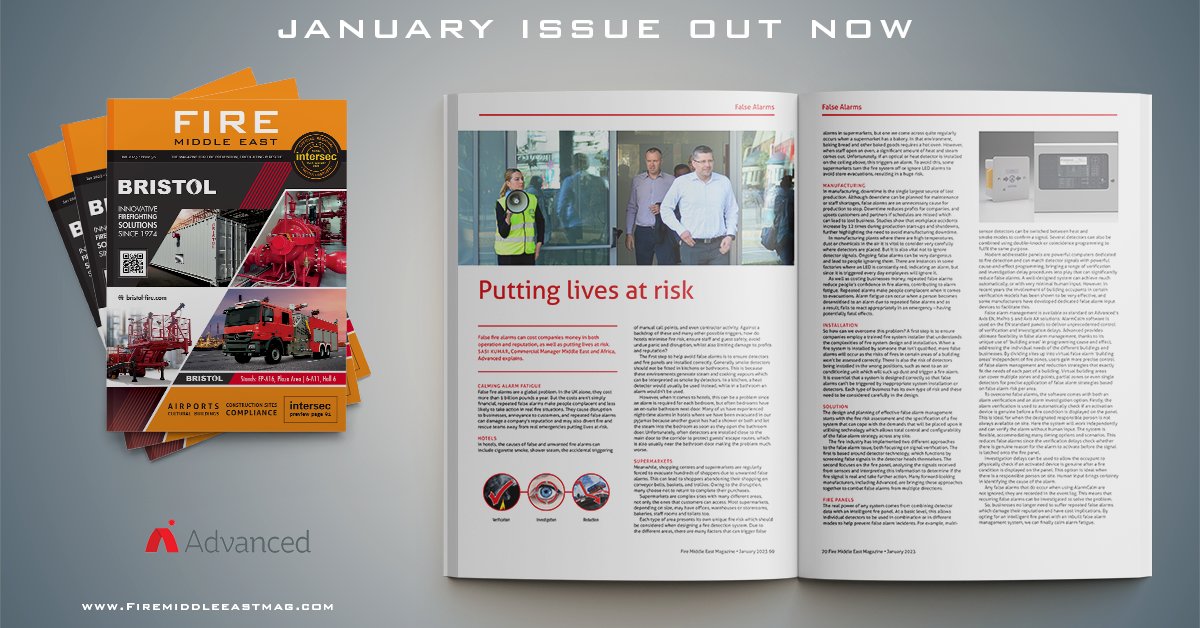 In the latest issue of Fire Middle east, Sasi Kumar, Commercial Manager, Middle East and Africa from <a href="/advancedlive/">Advanced</a> tells us how false #FireAlarms put lives at risk. ow.ly/jIhO50Mrzs5 #FireProtection #Dubai #FireSafety #HealthAndSafety #MiddleEast #FireDetection