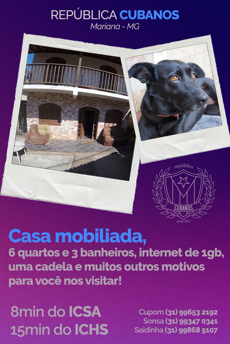 Rep_Cubanos's tweet photo. @Quase1kubrick @LulaOficial Parabénsss pela sua aprovação!!! A república Cubanos oferece vagas para calouros todos os cursos da UFOP, venha visitar nossa casinh aqui em mariana! #ufop #ichs #icsa https://t.co/N5rOyBP7Vb